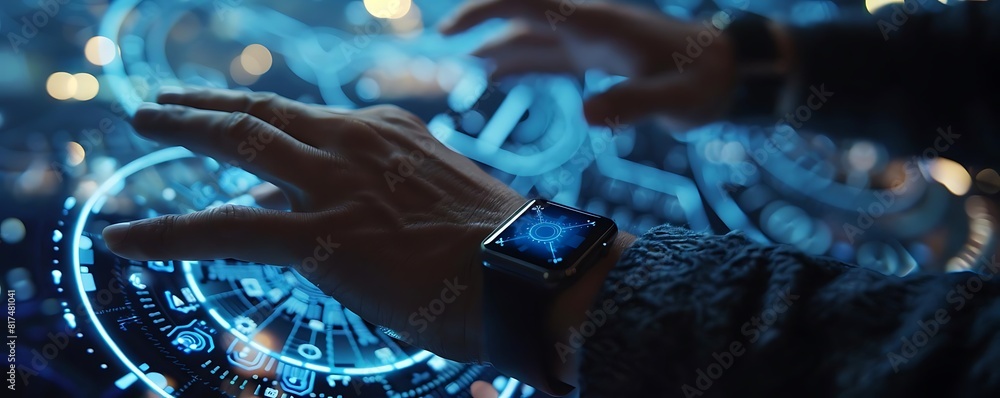 Poster man using smartwatch with digital touchscreen and virtual interface