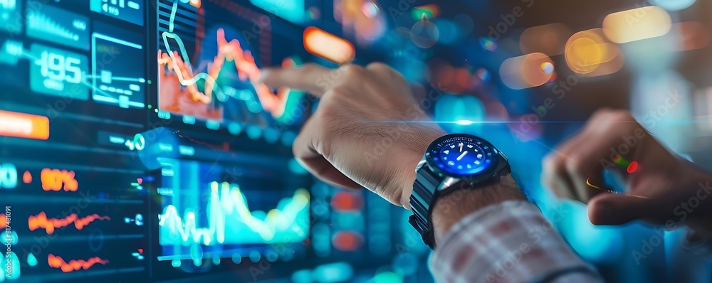 Poster man using smartwatch with digital touchscreen interface
