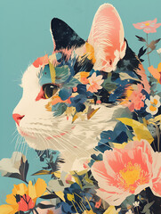 A cat immersed in flowers