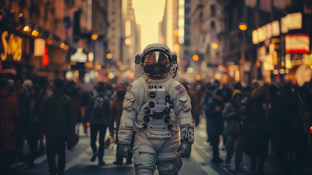 Astronauta andando pelo planeta terra em meio a pessoas comuns, pisando na terra