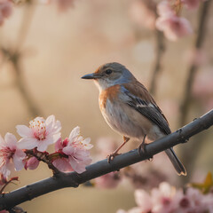 Fototapeta premium a bird sitting on a branch of a tree with pink flowers
