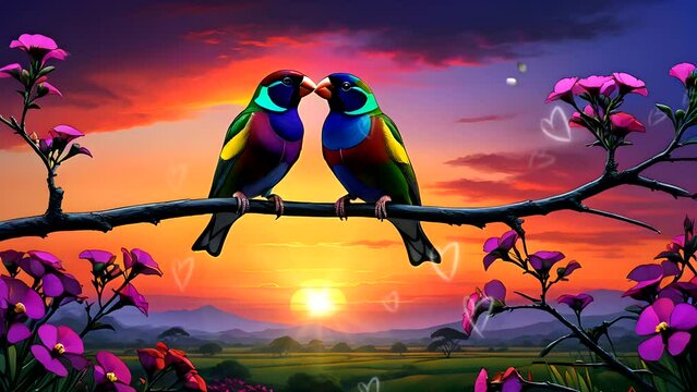 couple of bird on the flowering tree at sunset
