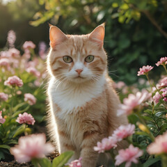 a cat that is sitting in the middle of some flowers