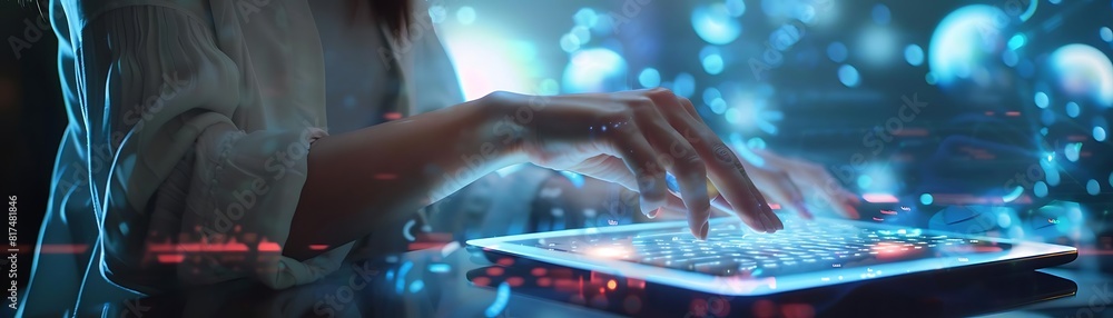 Poster woman using digital tablet with virtual keyboard and futuristic display