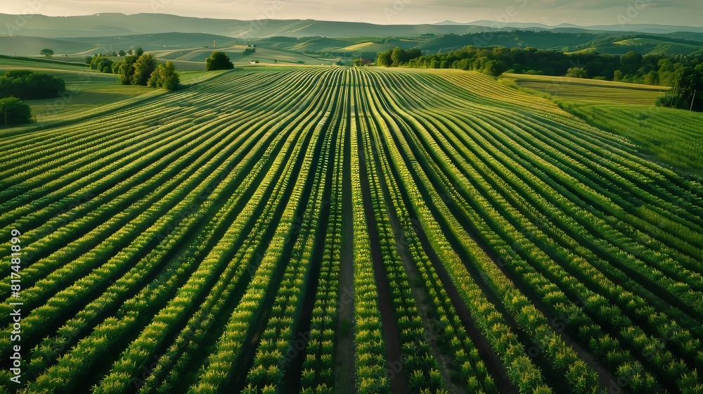 Poster aerial view of expansive wheat fields with uniform rows creating a beautiful pattern in the landscap