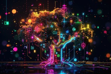 3d isometric illustration of tree made from glowing neon cyberpunk icons and computer circuits, black background, colorful