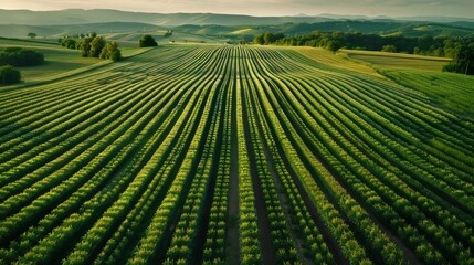Aerial view of expansive wheat fields with uniform rows creating a beautiful pattern in the landscape Generative AI