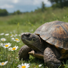 Obraz premium a turtle that is walking in the grass with flowers