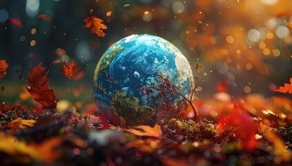 3D render of a colorful earth globe with autumn leaves and plants, in a fantasy, cinematic style with volumetric lighting, bokeh, and an orange, blue, 