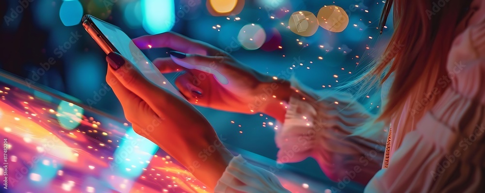 Poster woman using smartphone with digital touchscreen and virtual buttons in the background