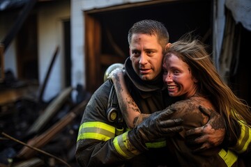 Obraz premium Scared young woman hugs brave fireman saved girl from fire during rescue operation on street