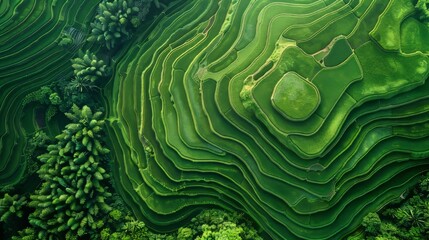 Aerial view of terraced rice paddies with intricate patterns and varying shades of green Generative AI