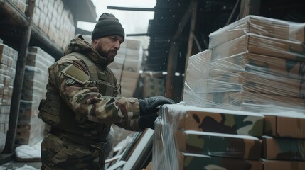 Soldiers work unloading and redistributing ammunition. Military supplies. The synchronized efforts of soldiers, ensuring no soldier goes without ammunition.