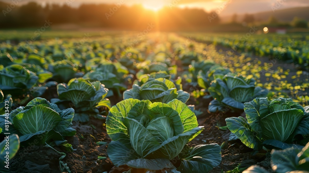 Poster cabbage farm at sunset with warm light casting a golden glow over the rows of green crops generative