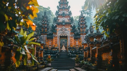 Travel people explore beautiful Bali temple with traditional Hindu symbols decorating the temple on tropical island Bali Indonesia AI generated