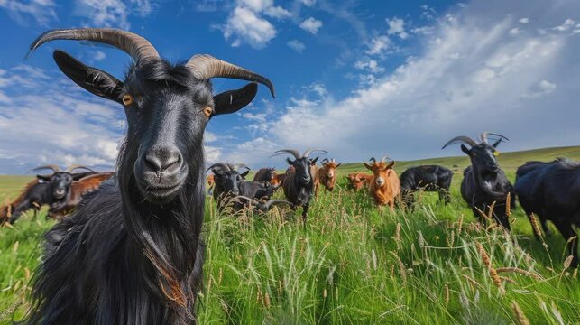 A herd of goats gathered in a wide grass field