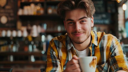 The perks of being the owner, free coffee. a handsome young man drinking coffee while working in a coffee shop AI generated