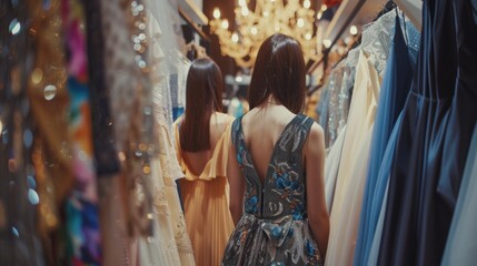 Two young women choosing dresses in luxury fashion store AI generated