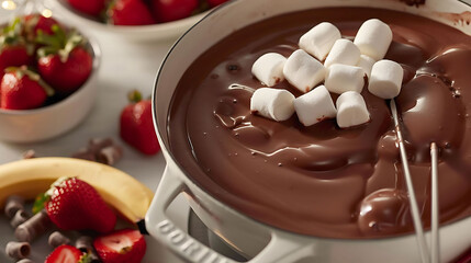decadent chocolate fondue with assorted dippers and fresh strawberries, served in a white bowl with a silver spoon