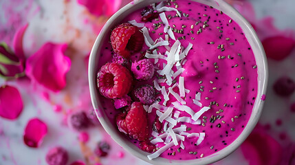 exotic dragon fruit smoothie bowl with chia seeds and raspberries in a white bowl