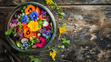 A plantbased recipe using natural foods like vegetables and edible flowers, beautifully presented on tableware. Includes ingredients like roses, fruits, and fresh vegetables AIG50