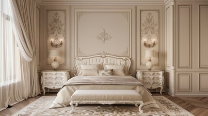 3D rendering of a luxury bedroom with a bed, night stand and curtains. French classic interior design with wall panels. Interior decoration
