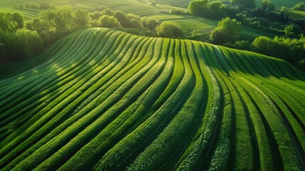 Fototapeta premium Aerial view of expansive wheat fields with uniform rows creating a beautiful pattern in the landscape Generative AI