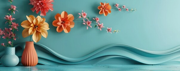 3D rendering of a blue background with a pink and yellow flower.