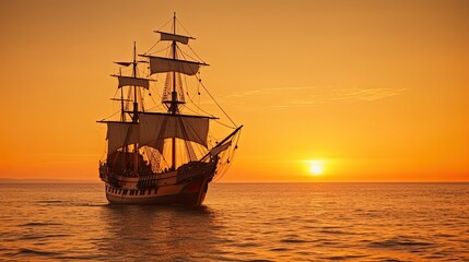 Obraz premium Sailing into History - sailing ship in the open sea at sunset.
