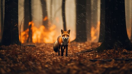 Amidst the inferno, a fox gracefully treads, its fiery surroundings contrasting its serene presence