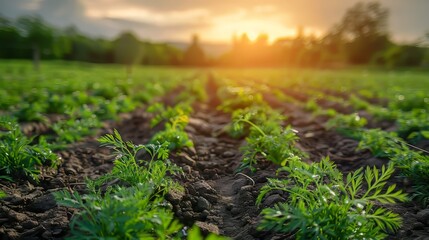 Carrot farm at sunset with warm light casting a golden glow over the rows of lush green tops and orange roots Generative AI