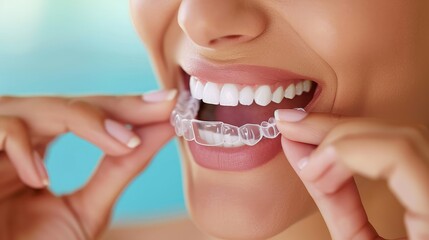 Young Caucasian woman inserting a dental aligner. Close-up view. One aligner closer to a picture-perfect smile.