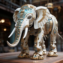 Majestic Robotic Elephant Statue on Wooden Table with Library Background