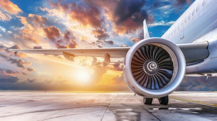 A turbine on the wing of a modern passenger aircraft. Blades slicing through air, creating lift, harnessing power to soar above clouds.