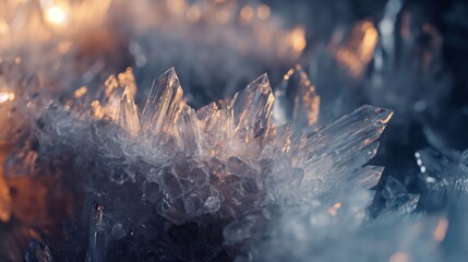 A close-up of crystal growth, with intricate details resembling a frosty landscape, illuminated to enhance the natural patterns. 32k, full ultra HD, high resolution