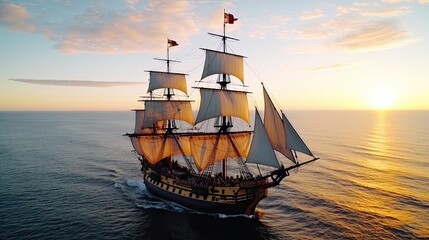 Small sailing ship in the open sea at sunset. The Crimson Tide, a striking 17th-century ship with...