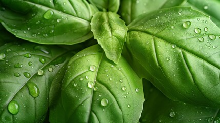 A close-up of fresh, green basil leaves with droplets of water, highlighting the texture and natural veins of the leaves. 32k, full ultra HD, high resolution