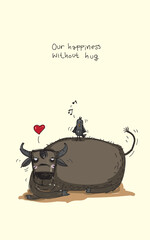 Asian Buffalo and Bird Cute Character Vector