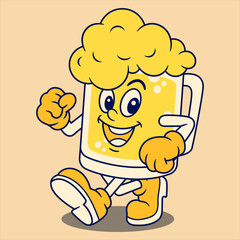 Happy Beer Mug Mascot Character. Retro Flat Cartoon Style. Cartoon Funny Character. Vector Illustration for Logo, Mascot, Merchandise, T-Shirt, Stickers, etc.