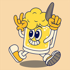 Happy Beer Mug Mascot Character holding Boomerang. Retro Flat Cartoon Style. Cartoon Funny Character. Vector Illustration for Logo, Mascot, Merchandise, T-Shirt, Stickers, etc.