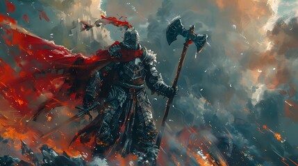 A heavily armored warrior stands confidently with a battle axe, a red cape billowing in the wind amidst smoke, embers, and dramatic light.