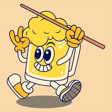 recommend clip art: Happy Beer Mug Mascot Character holding Billiard Stick. Retro Flat Cartoon Style. Cartoon Funny Character. Vector Illustration for Logo, Mascot, Merchandise, T-Shirt, Stickers, etc.