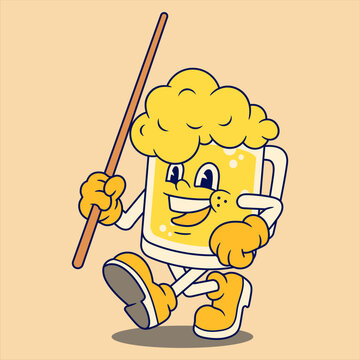 recommend clip art: Happy Beer Mug Mascot Character holding Billiard Stick. Retro Flat Cartoon Style. Cartoon Funny Character. Vector Illustration for Logo, Mascot, Merchandise, T-Shirt, Stickers, etc.