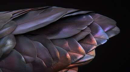 A detailed macro shot of a raven's feather against a black background, showing the intricate texture and subtle iridescent colors. 32k, full ultra HD, high resolution