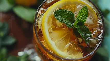 refreshing iced tea with lemon and mint served in a glass, garnished with a green leaf