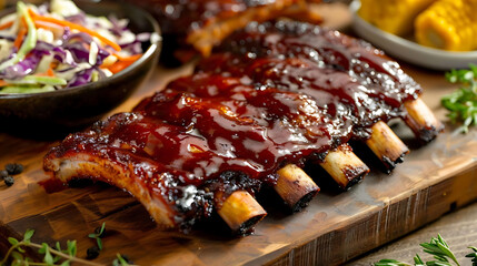 succulent bbq ribs with tangy sauce and coleslaw served on a wooden table, accompanied by a black bowl