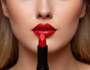 Fototapeta premium A woman is applying red lipstick