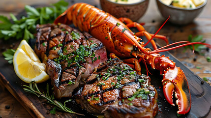 sumptuous surf and turf platter with steak and lobster, accompanied by a lemon, served on a wooden table with a brown bowl and a white bowl nearby