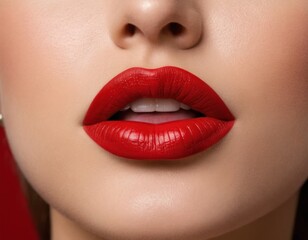 Obraz premium A woman with a red lip is shown in a close up