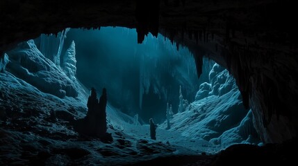 A dark cave opening, with stalactites and stalagmites visible in the faint light that manages to penetrate from the outside, suggesting hidden depths. 32k, full ultra HD, high resolution